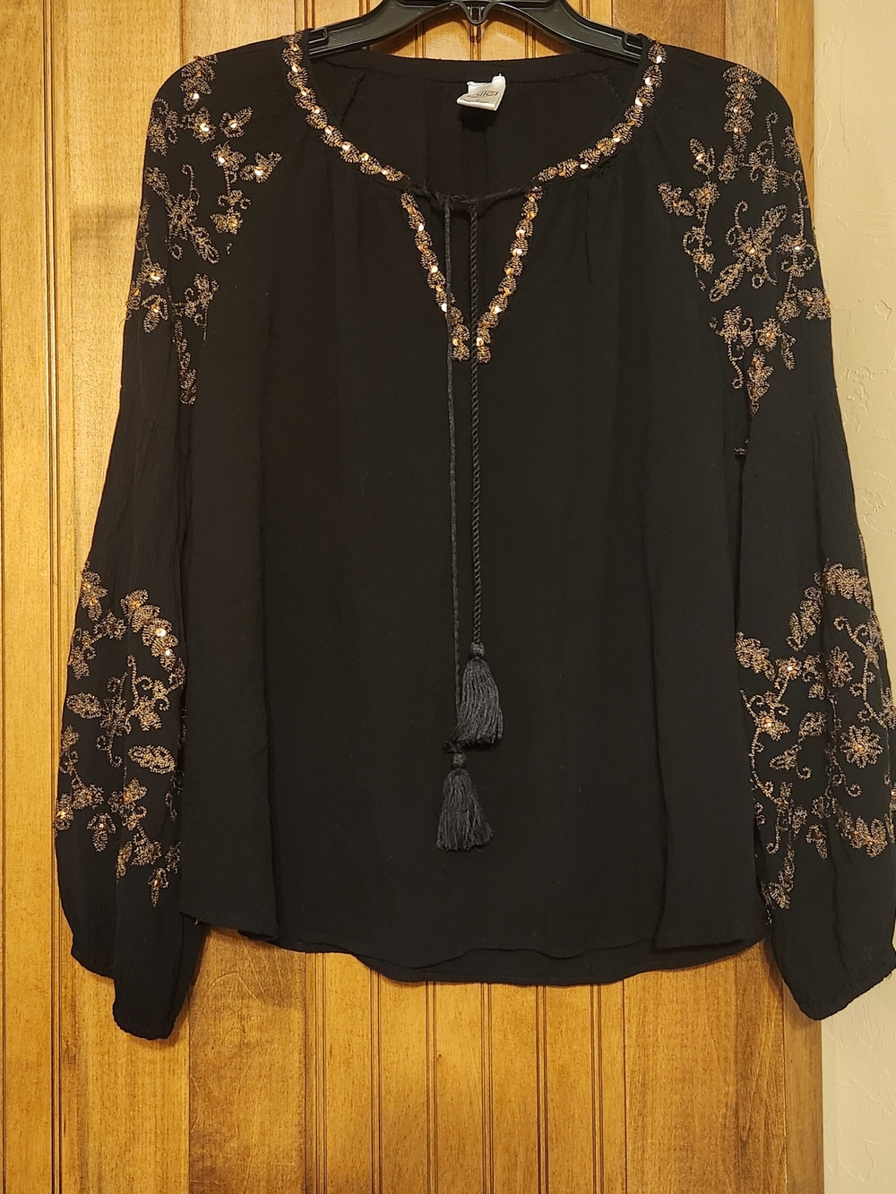 Bila Black Peasant Blouse with Gold Embroidered Accents
